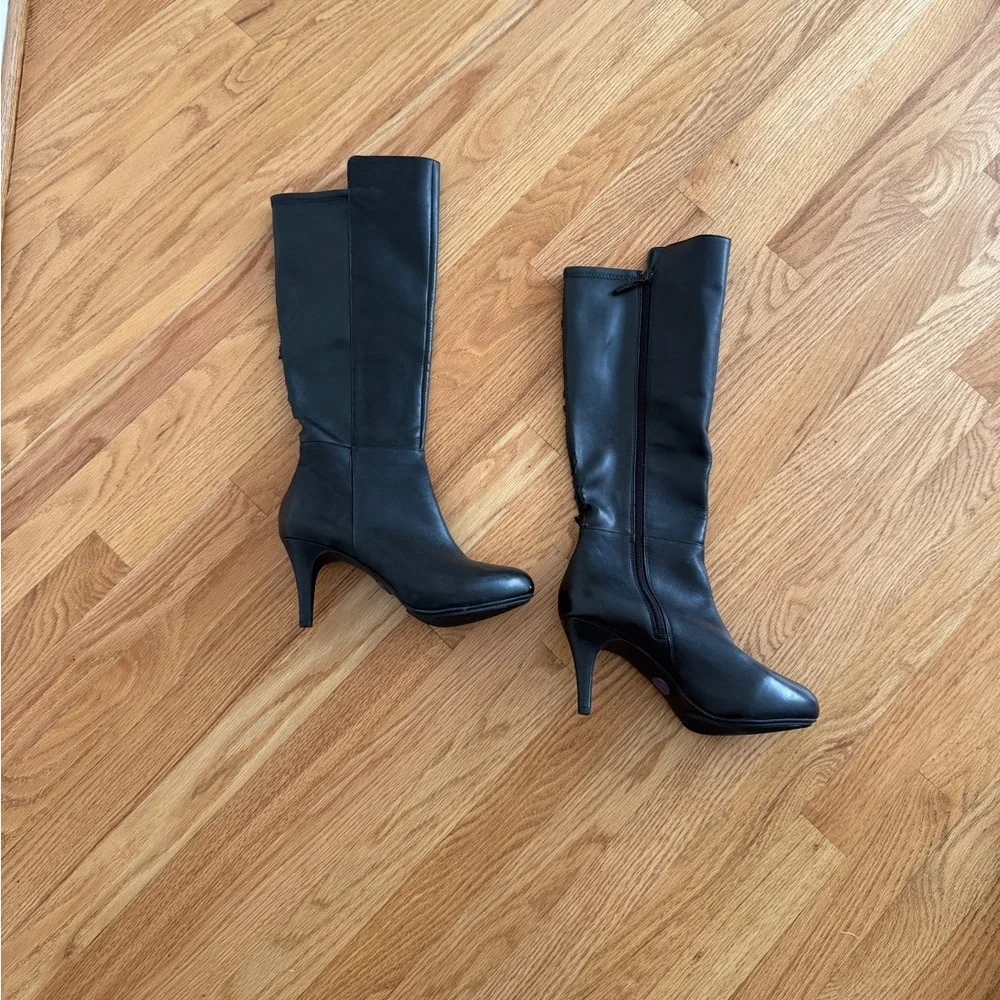 Fall knee high boots black leather heeled booties